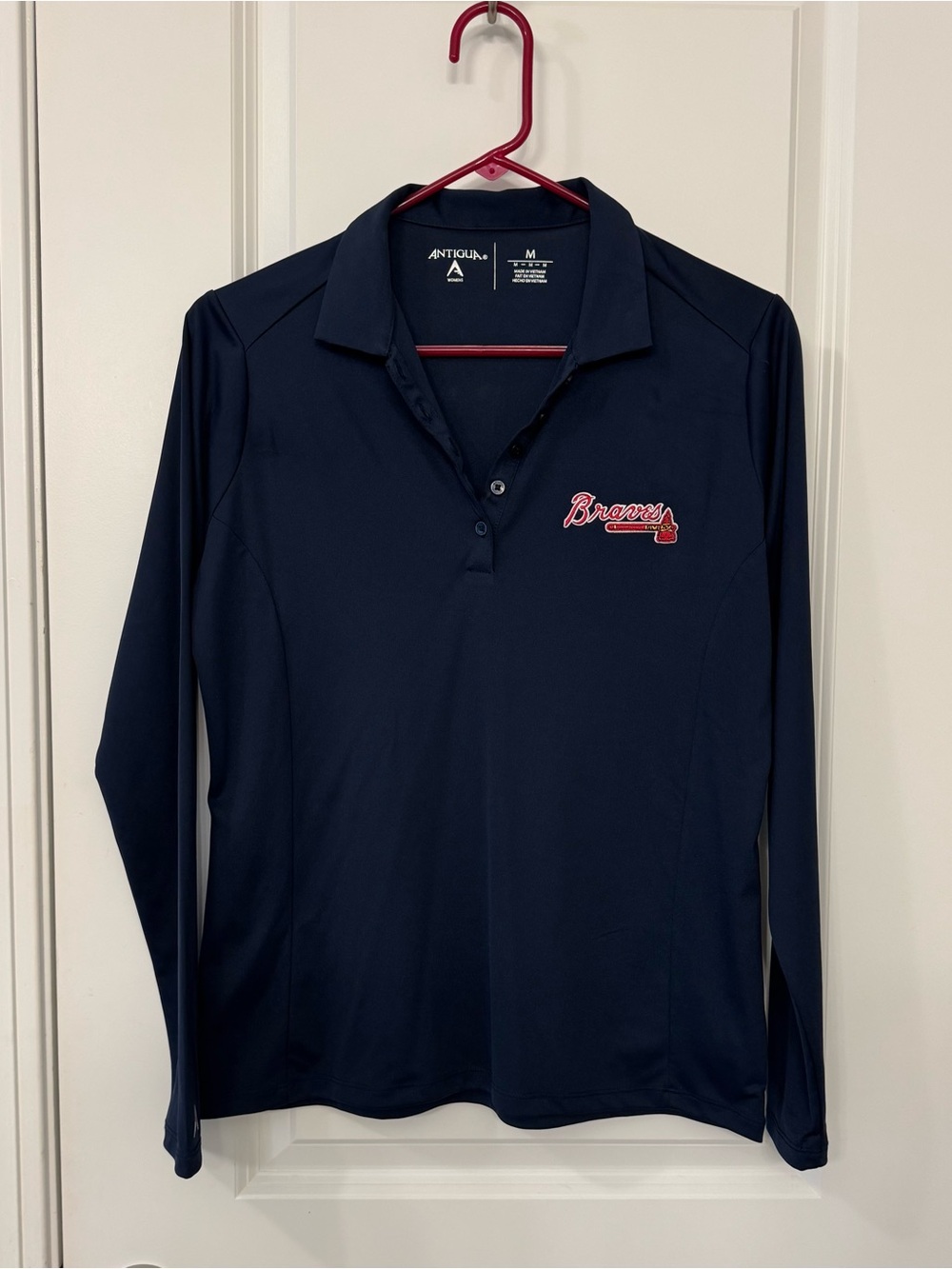 Antigua Women's Long-Sleeve Polo Top - Navy with Red Braves Script